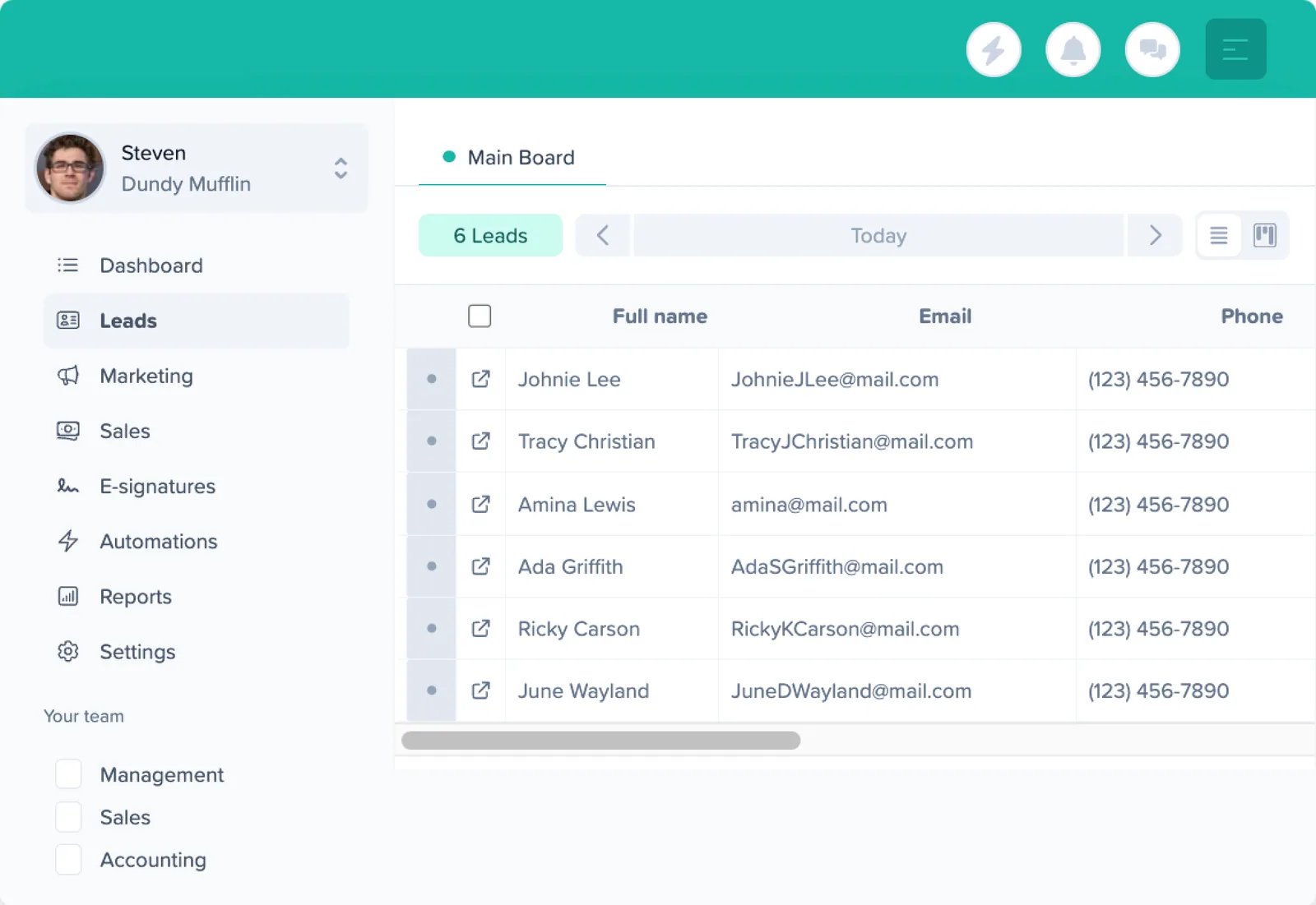 Network Leads moving CRM leads board listing leads with name, email and phone, with Leads, Marketing, Sales, E-signatures, Automations and Reports in the sidebar